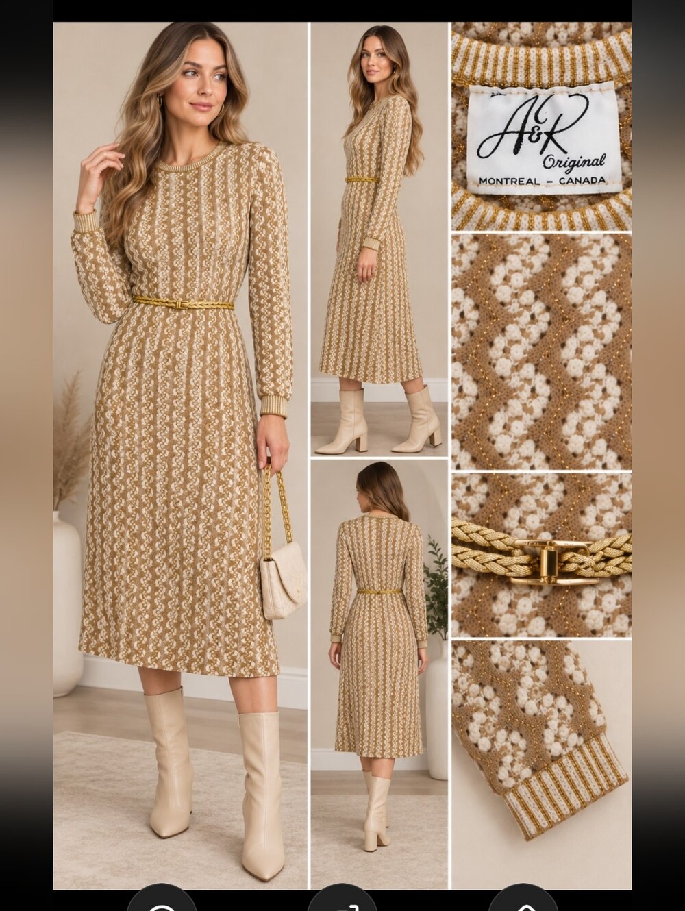 Vintage 1970s A&R Original Montreal Gold Metallic Knit Maxi Dress Belted